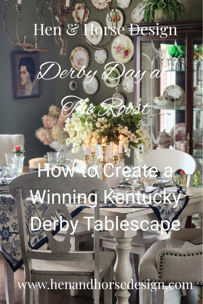 french blue botanical floral tablecloth with navv border trim styled for a  kentucky derby tablescape
