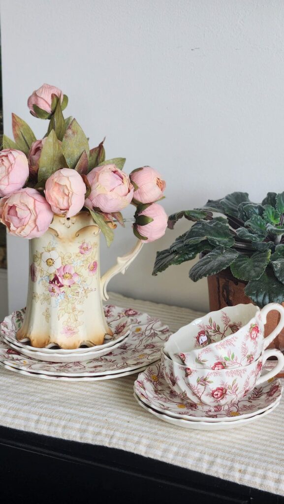 Antique Royal Devon floral pitcher styled on sideboard with vintage decor