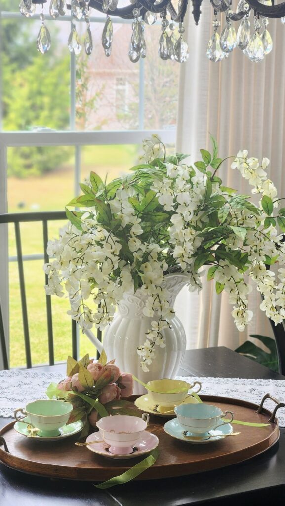 Vintage Paragon teacups green yellow pink blue on wooden tray breakfast room