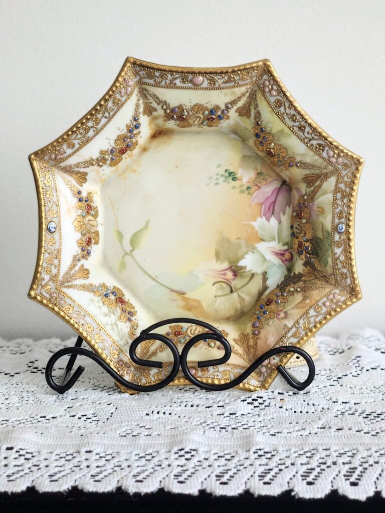 Antique Nippon porcelain bon bon dish moriage jeweling sideboard vignette