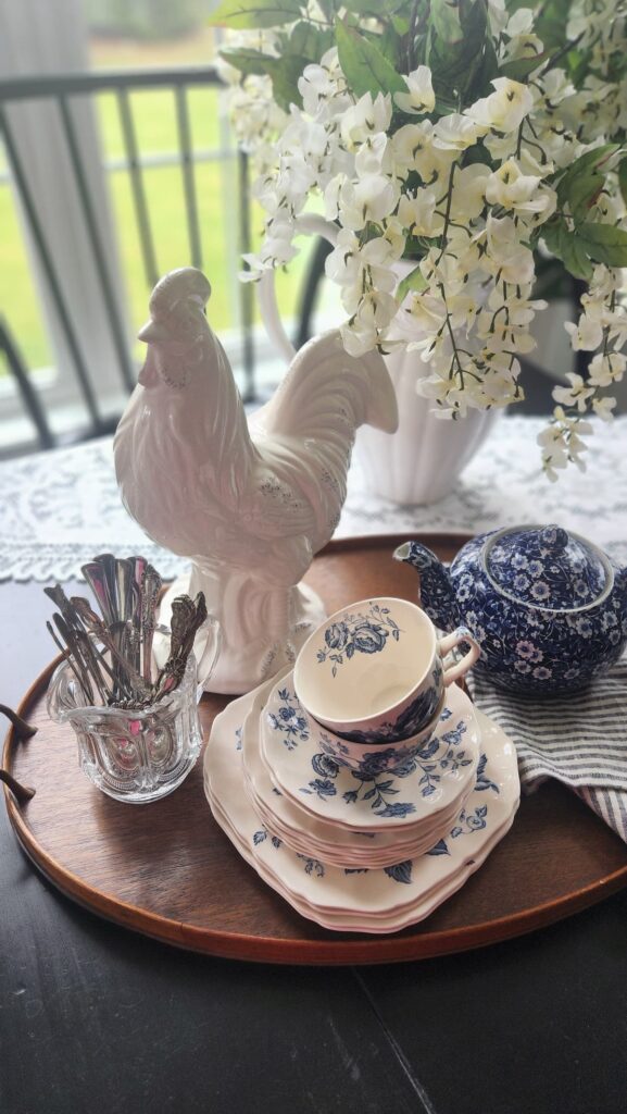 Decorative wooden tray styling progress Johnson Brothers blue and white china silver spoons crystal holder breakfast room