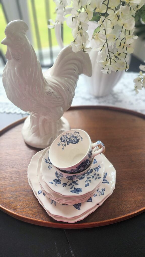 How to style a decorative tray step one white ceramic rooster blue and white chinoiserie teapot wooden tray breakfast room