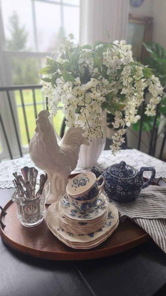 How to style a decorative wooden tray progress white wisteria pitcher breakfast room French country decor