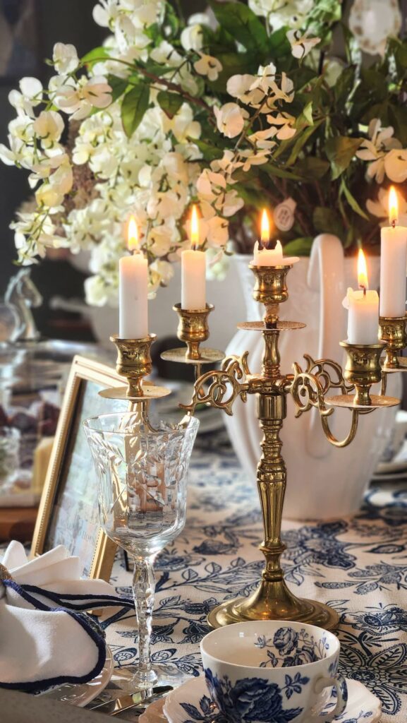 kentucky derby tablescape brass candelabra vintage crystal