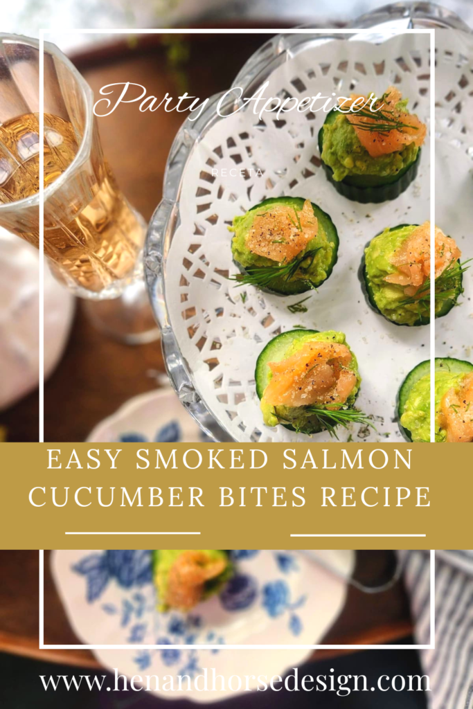 easy smoked salmon cucumber bites party appetizer on crystal cake stand with spring flowers