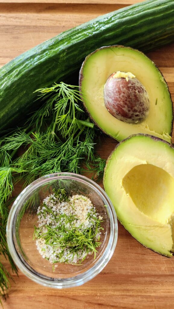 fresh avocado halves dill and homemade herb salt for smoked salmon cucumber bites recipe