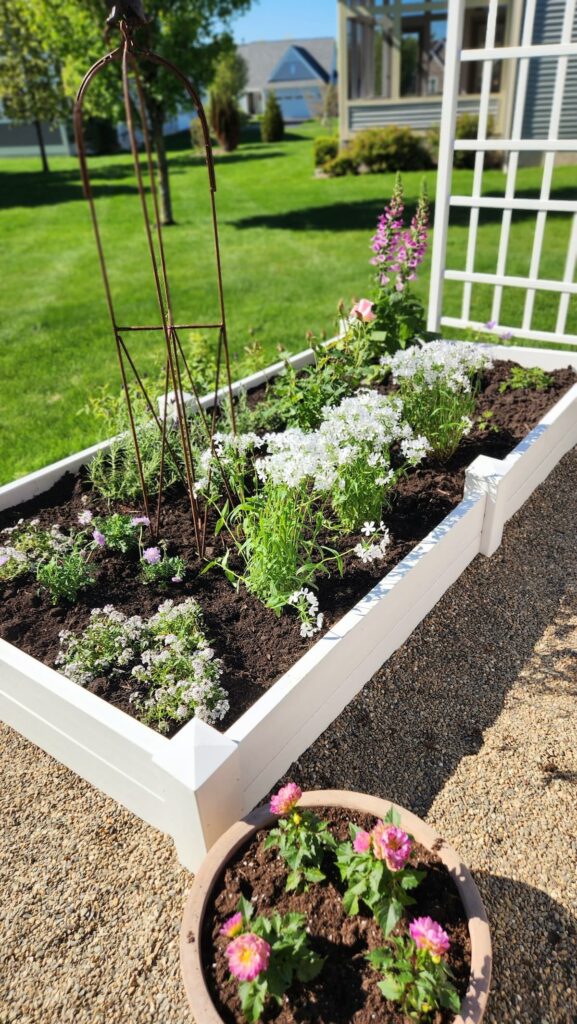 White raised bed English garden in full spring bloom with foxglove phlox rose and dahlia container