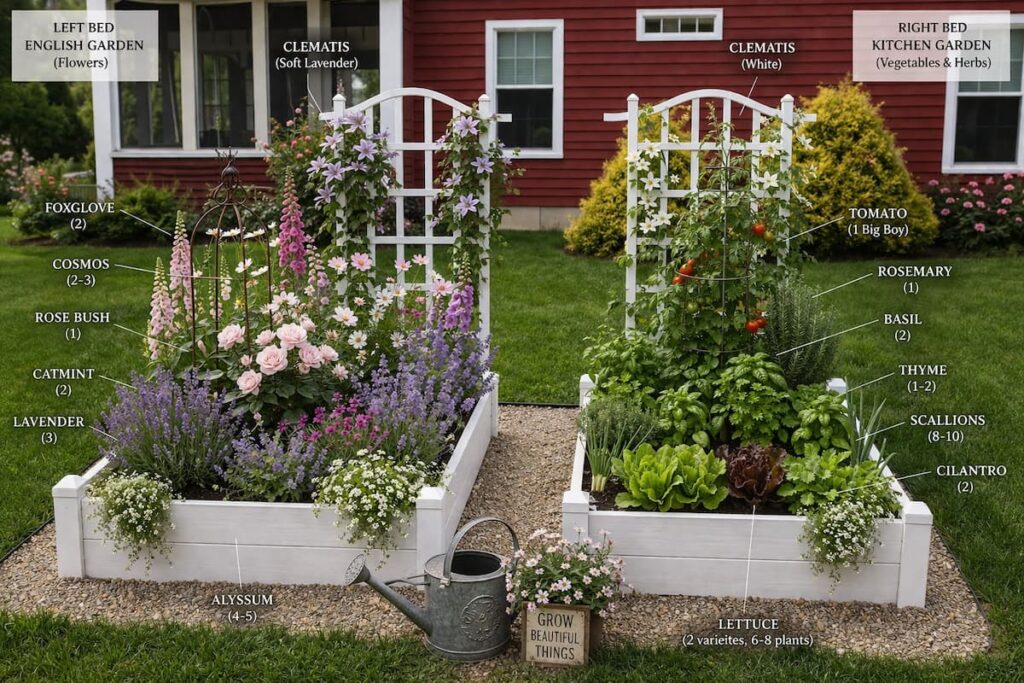 Spring raised bed garden plan with English garden flower bed and kitchen herb garden