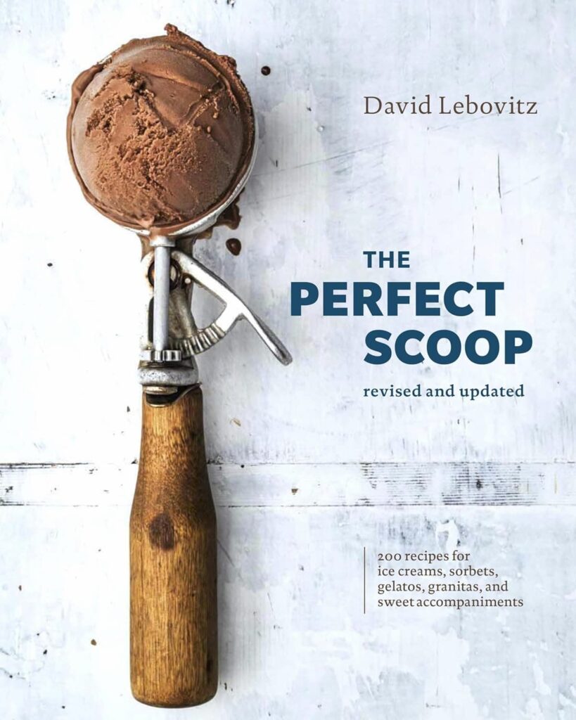 Cover of The Perfect Scoop by David Lebovitz featuring a chocolate ice cream scoop on a vintage ice cream scooper